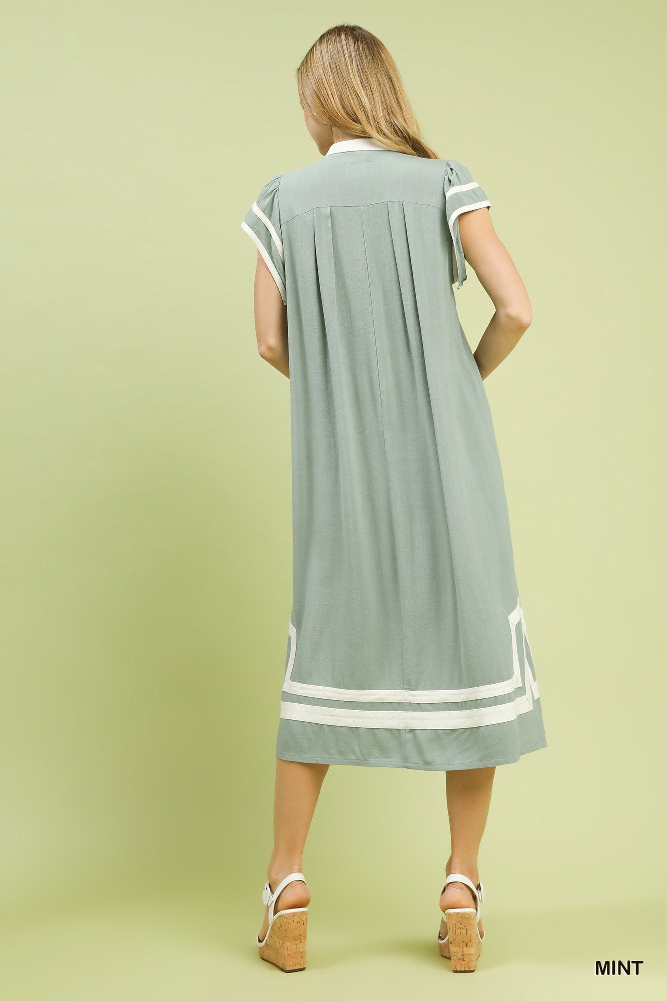 Umgee Linen Cotton Contrast Neckline Midi Dress - NORIVE