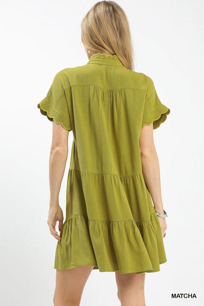 Umgee Linen Mini Dress with Scallop Trim - NORIVE