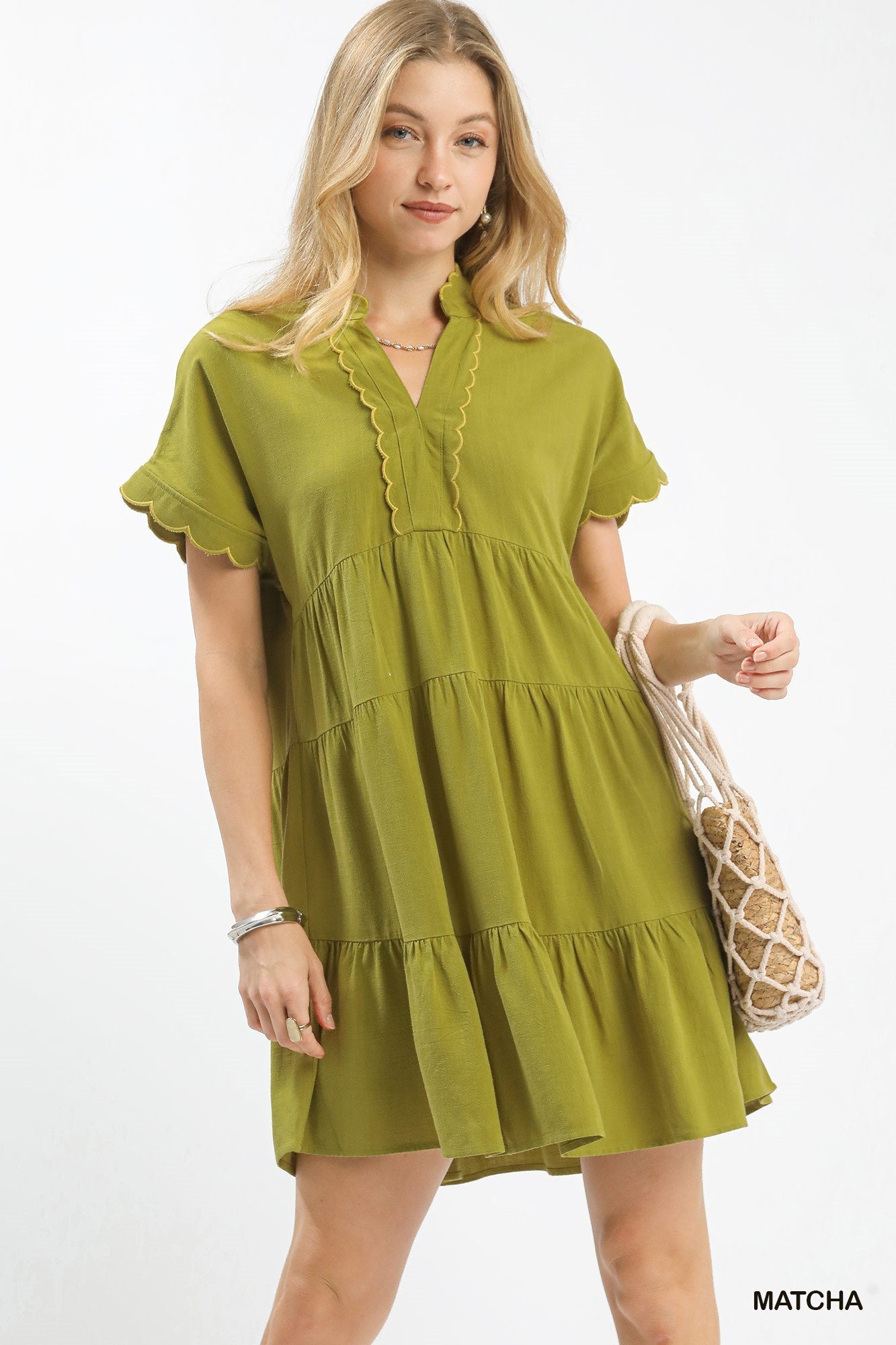 Umgee Linen Mini Dress with Scallop Trim - NORIVE