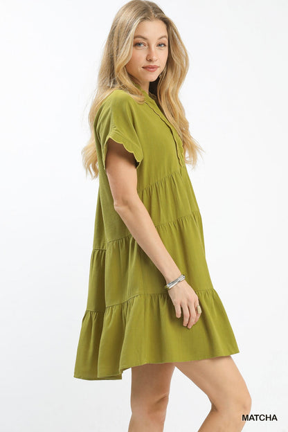 Umgee Linen Mini Dress with Scallop Trim - NORIVE