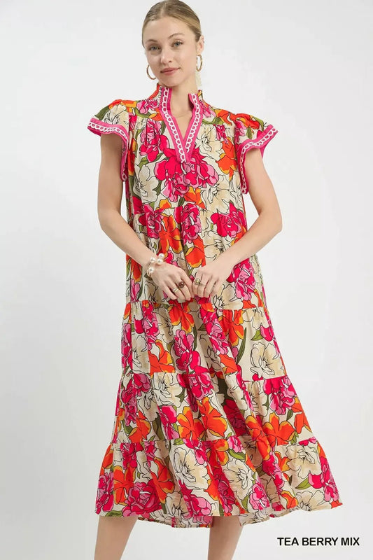 Umgee Mix Bold Floral Tiered Midi Dress - NORIVE