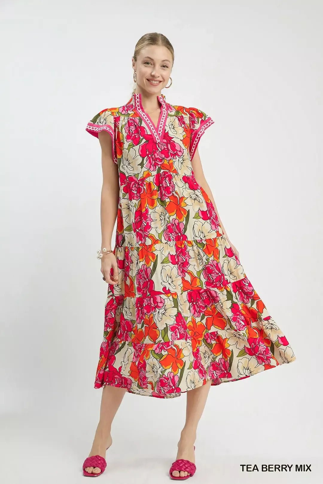 Umgee Mix Bold Floral Tiered Midi Dress - NORIVE