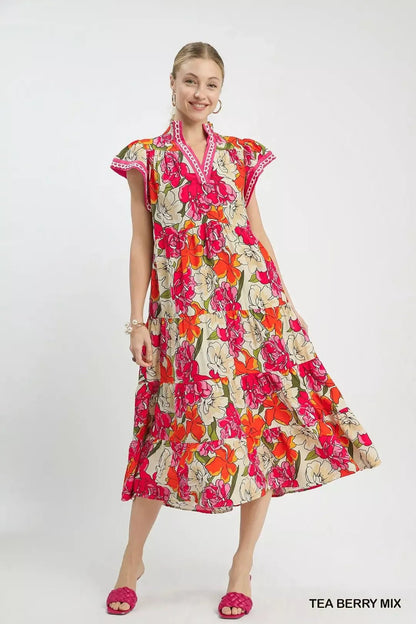 Umgee Mix Bold Floral Tiered Midi Dress - NORIVE
