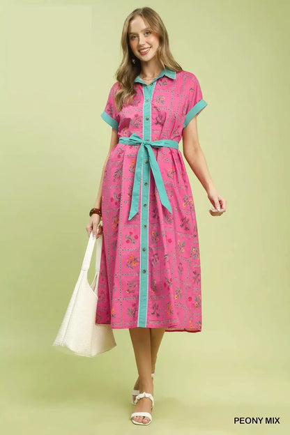 Umgee Mix Floral Button - Front Midi Dress - NORIVE