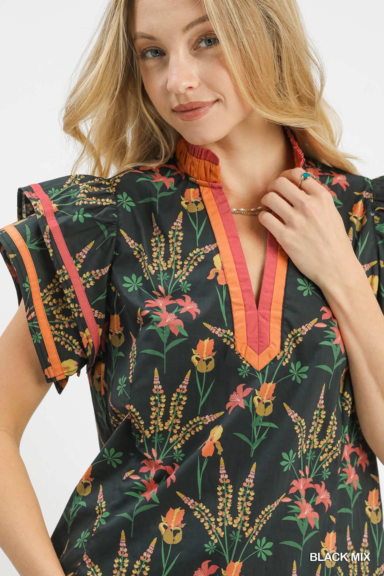 Umgee Mix Floral Print Blouse with Contrast Trim - NORIVE