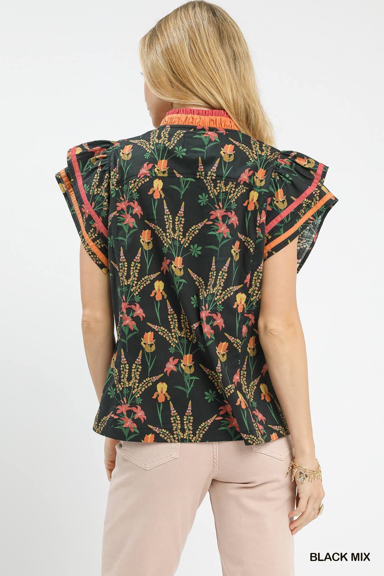 Umgee Mix Floral Print Blouse with Contrast Trim - NORIVE