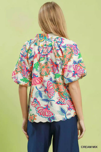 Umgee Mix Floral Print Scallop Hem Blouse - NORIVE