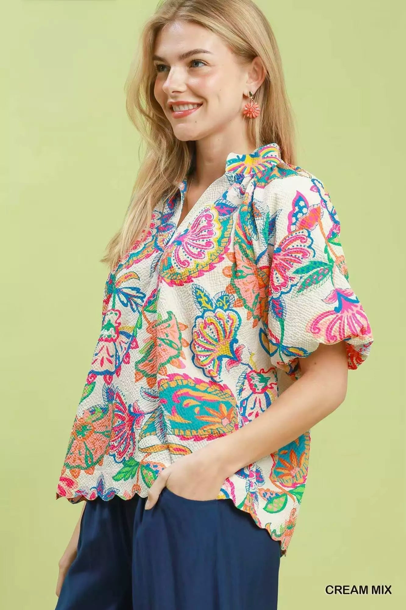 Umgee Mix Floral Print Scallop Hem Blouse - NORIVE