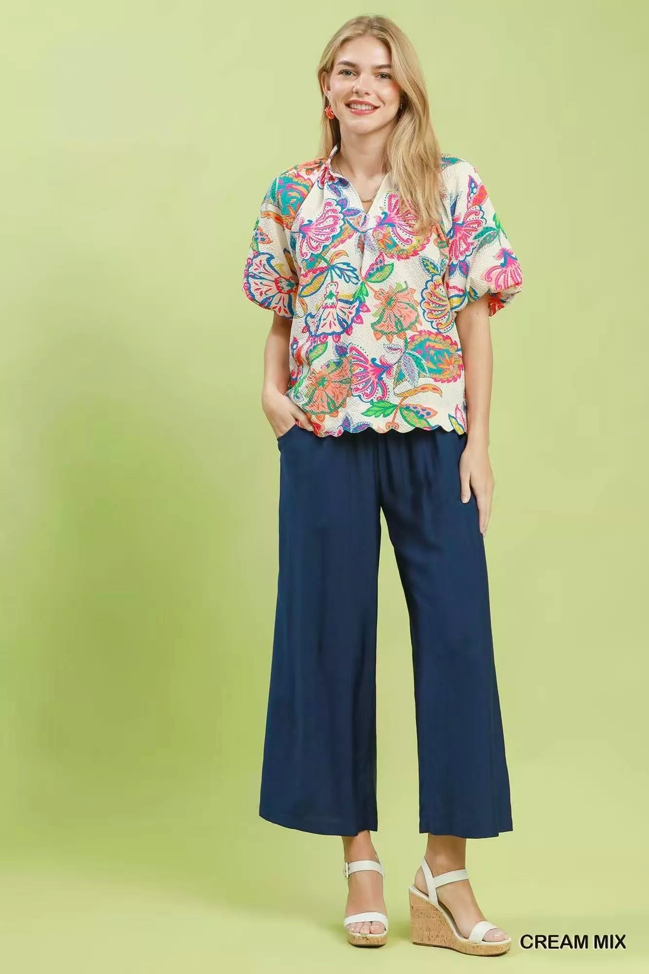 Umgee Mix Floral Print Scallop Hem Blouse - NORIVE