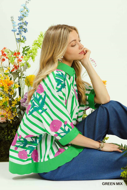 Umgee Mix Floral Stripe Button Down Top - NORIVE