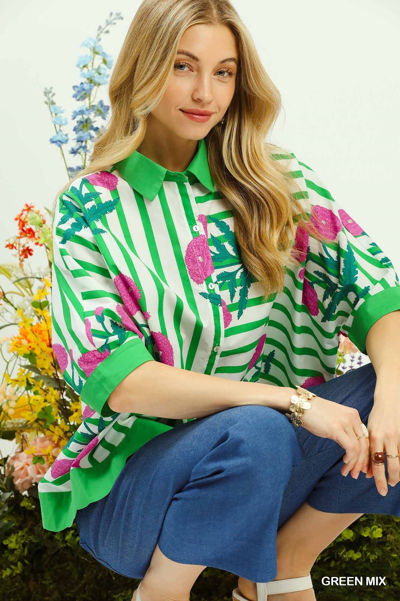 Umgee Mix Floral Stripe Button Down Top - NORIVE