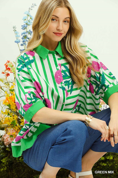 Umgee Mix Floral Stripe Button Down Top - NORIVE