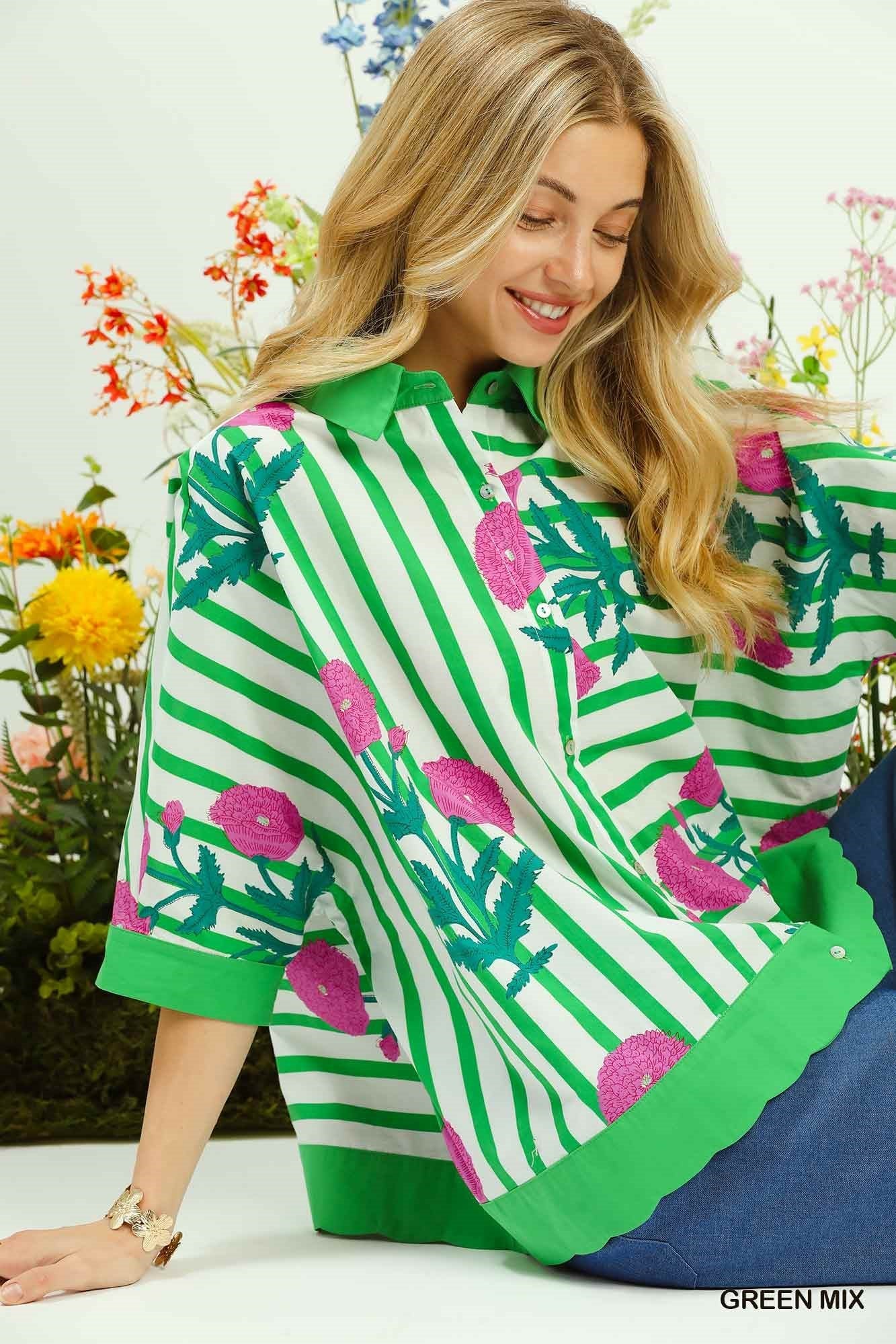 Umgee Mix Floral Stripe Button Down Top - NORIVE