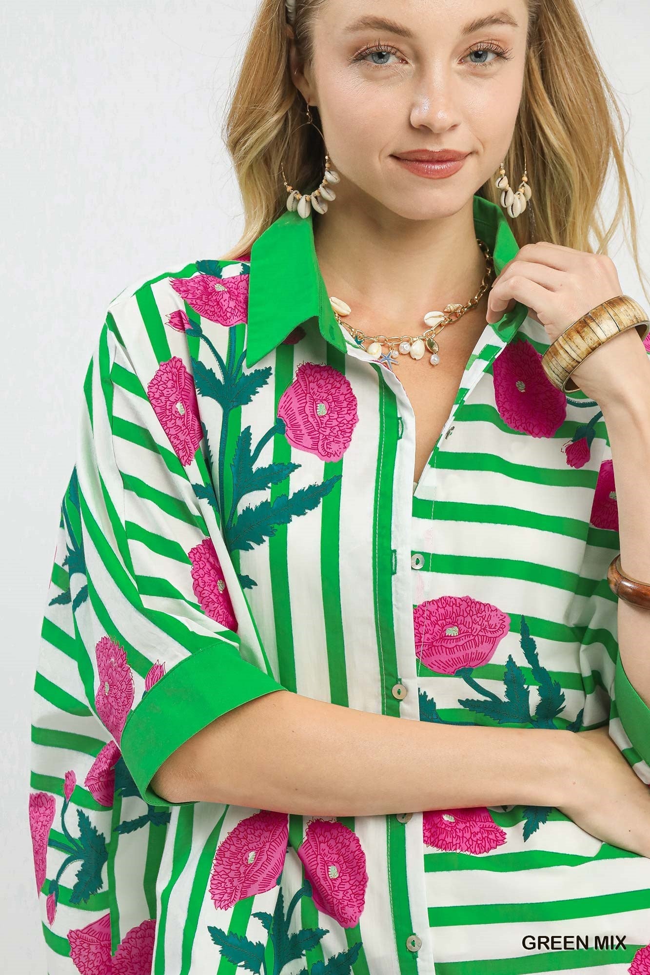 Umgee Mix Floral Stripe Button Down Top - NORIVE