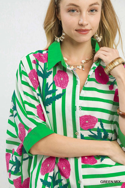 Umgee Mix Floral Stripe Button Down Top - NORIVE