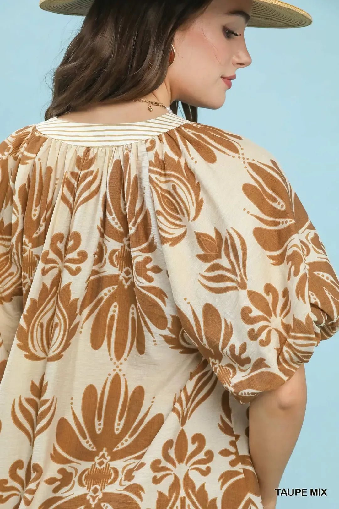 Umgee Mix Printed Puff Sleeve Top with Contrast Trim - NORIVE