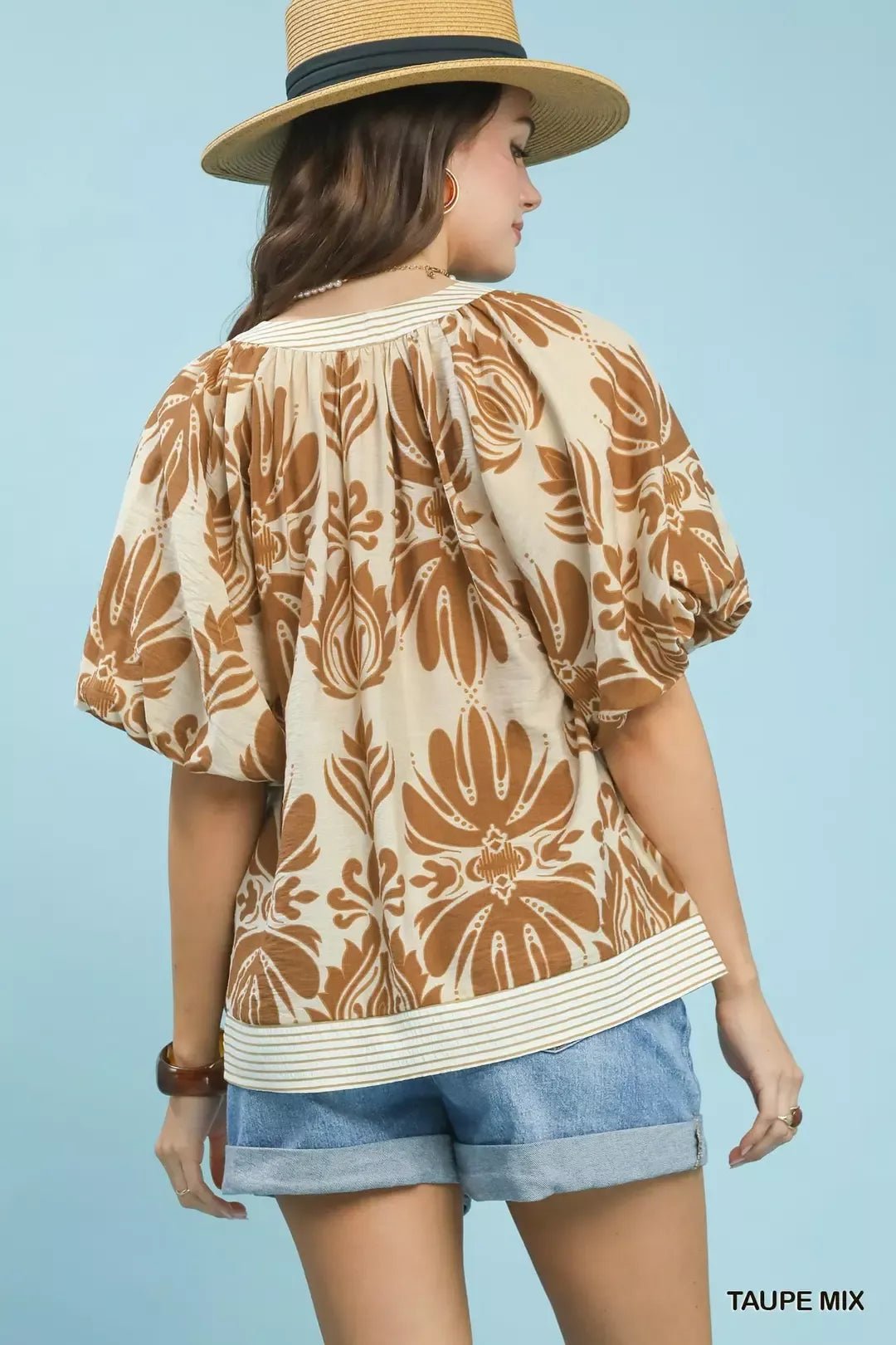 Umgee Mix Printed Puff Sleeve Top with Contrast Trim - NORIVE
