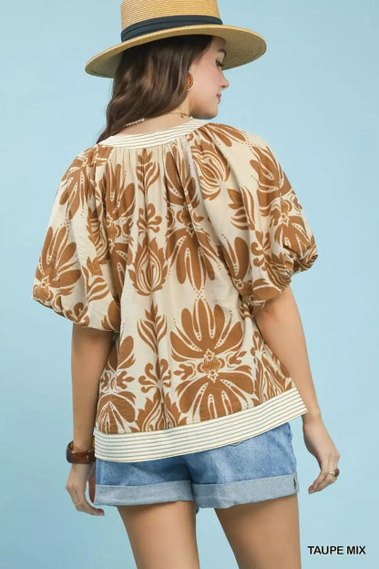 Umgee Mix Printed Puff Sleeve Top with Contrast Trim - NORIVE