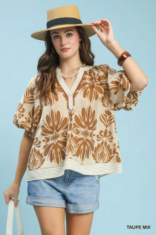 Umgee Mix Printed Puff Sleeve Top with Contrast Trim - NORIVE