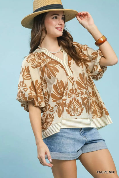 Umgee Mix Printed Puff Sleeve Top with Contrast Trim - NORIVE