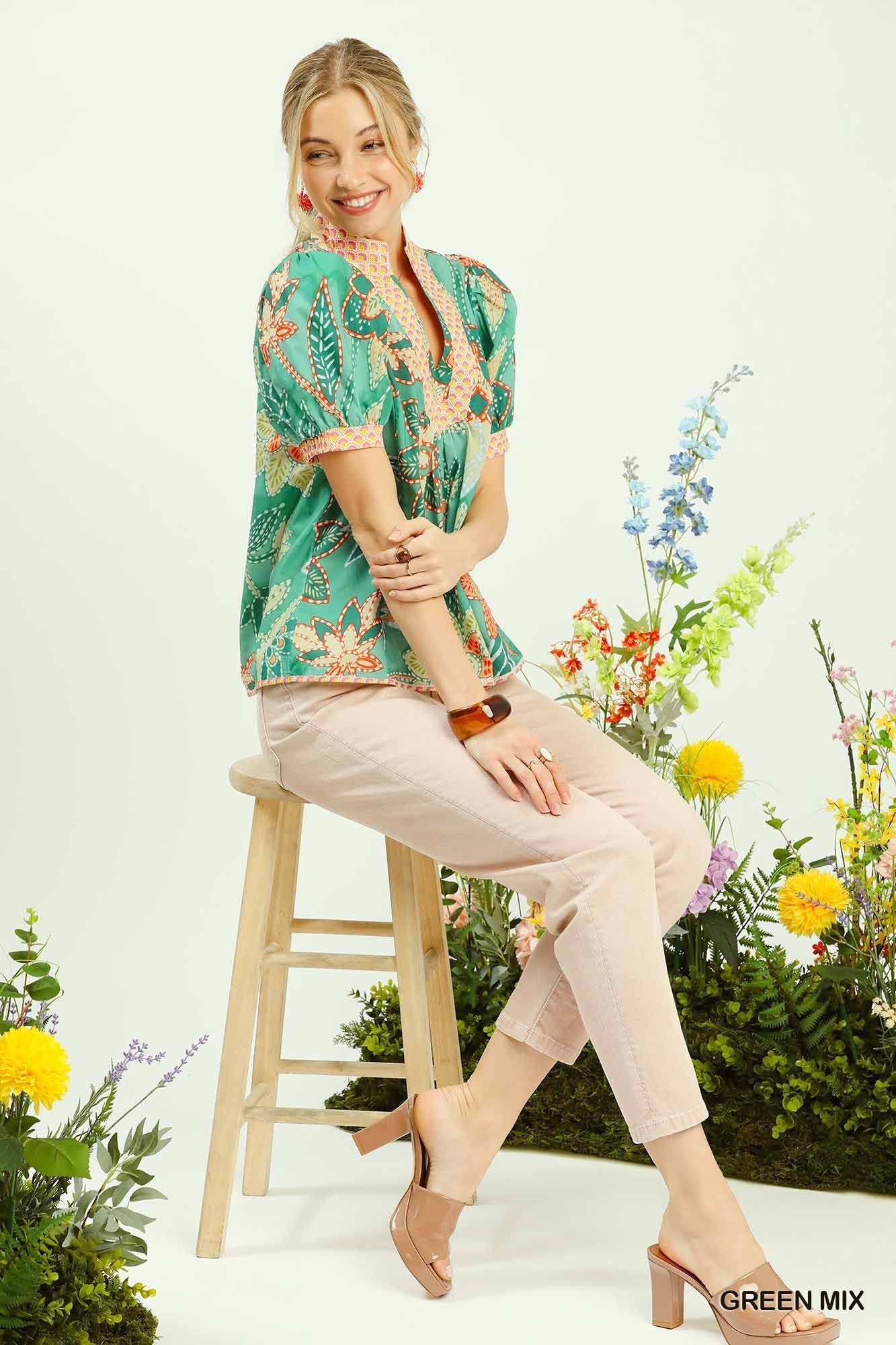 Umgee Mixed Abstract Print Puff Sleeve Blouse - NORIVE