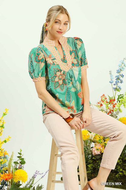 Umgee Mixed Abstract Print Puff Sleeve Blouse - NORIVE