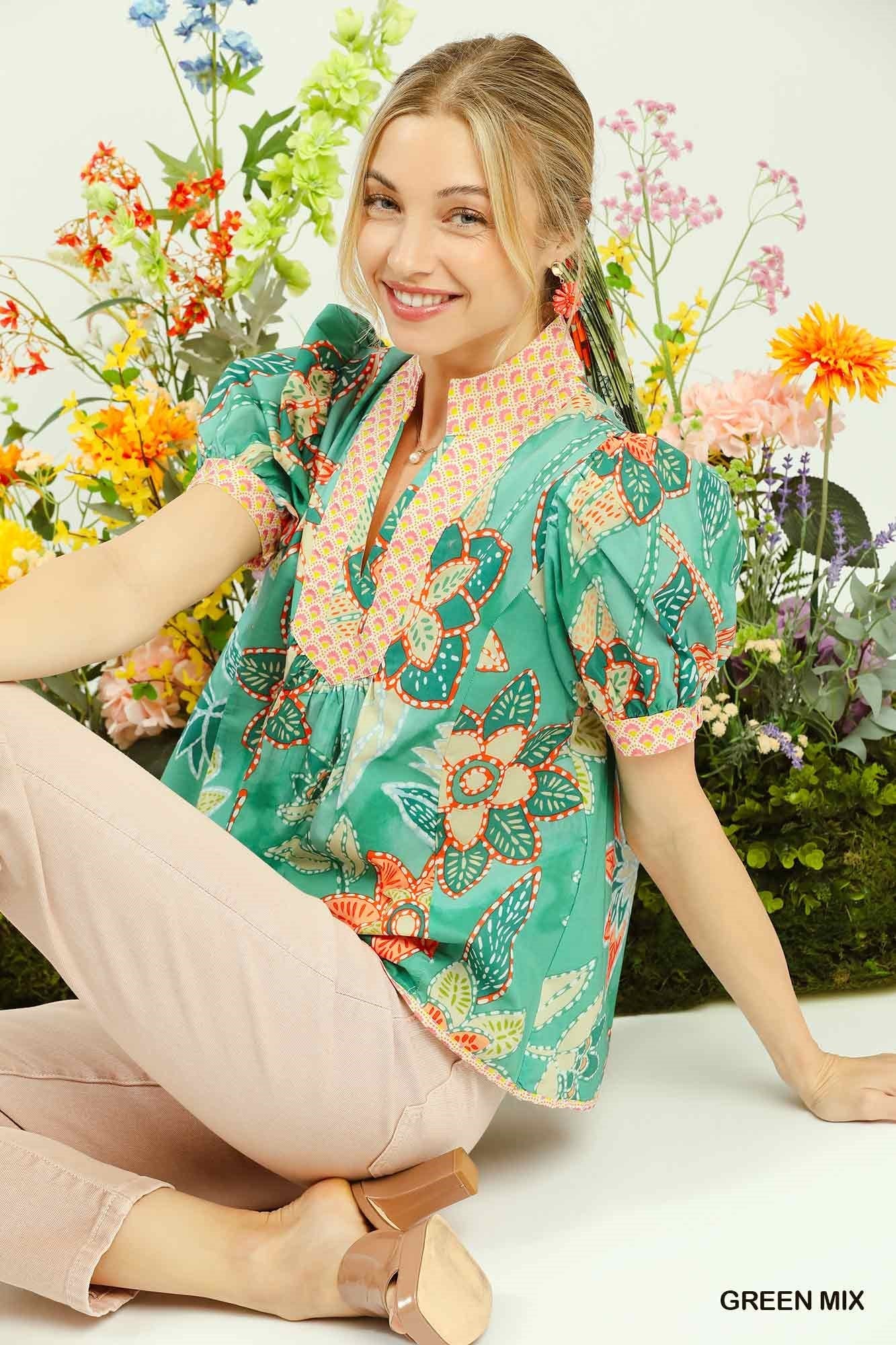 Umgee Mixed Abstract Print Puff Sleeve Blouse - NORIVE