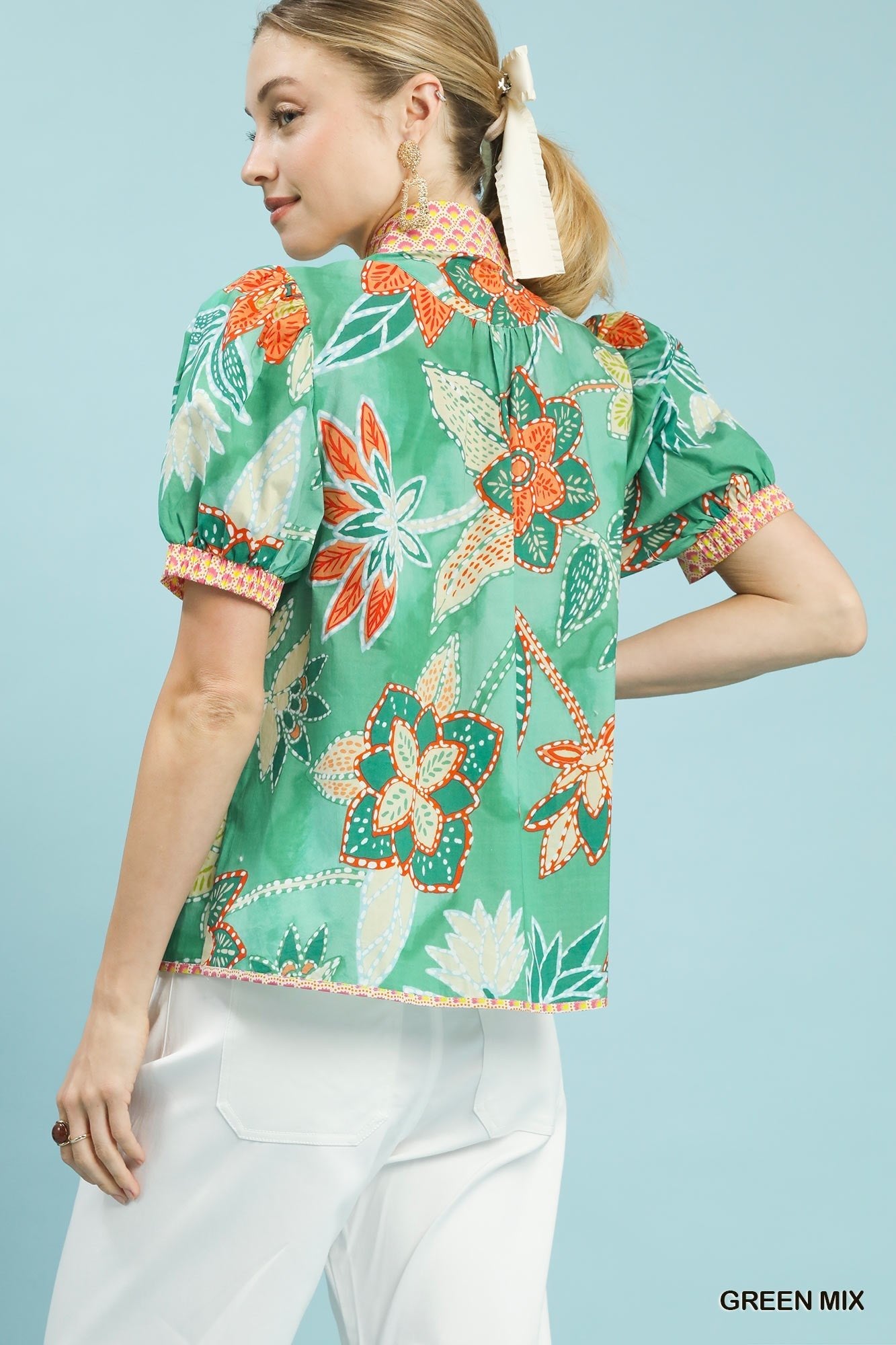 Umgee Mixed Abstract Print Puff Sleeve Blouse - NORIVE