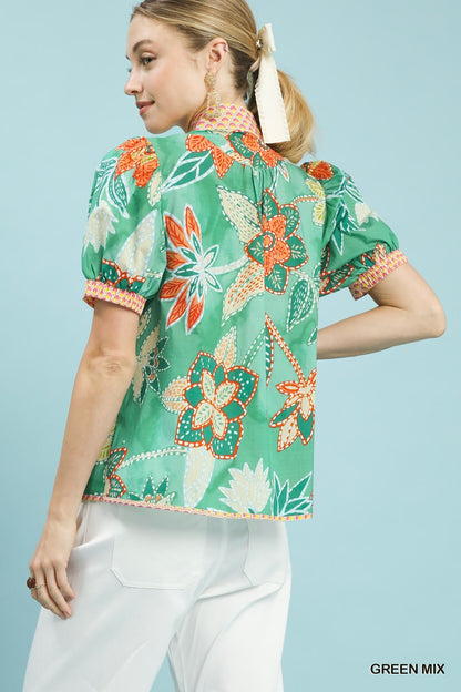 Umgee Mixed Abstract Print Puff Sleeve Blouse - NORIVE