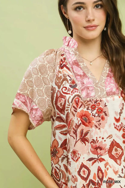 Umgee Mixed Print V - Neck Short Sleeve Top - NORIVE