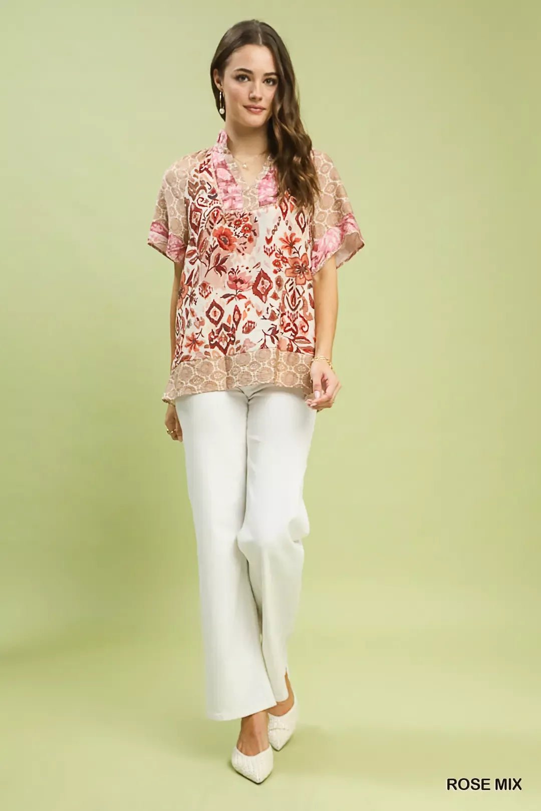 Umgee Mixed Print V - Neck Short Sleeve Top - NORIVE