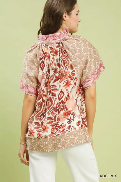 Umgee Mixed Print V - Neck Short Sleeve Top - NORIVE