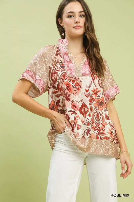 Umgee Mixed Print V - Neck Short Sleeve Top - NORIVE