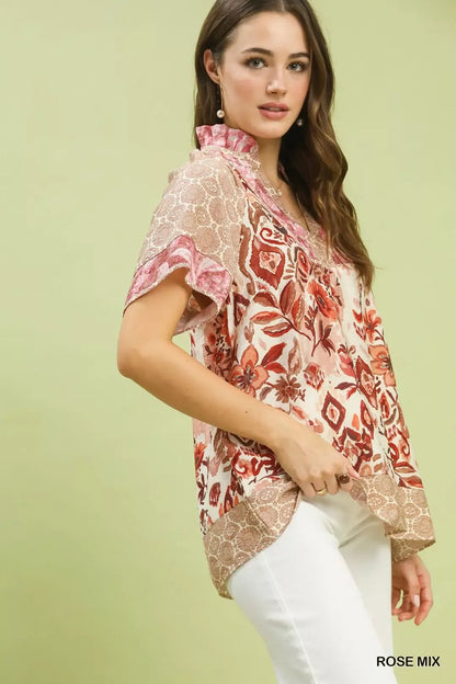 Umgee Mixed Print V - Neck Short Sleeve Top - NORIVE