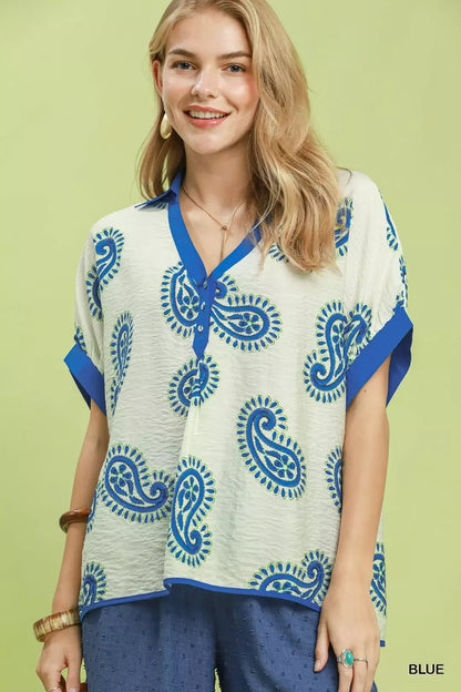 Umgee Paisley Print Contrast Trim Top - NORIVE