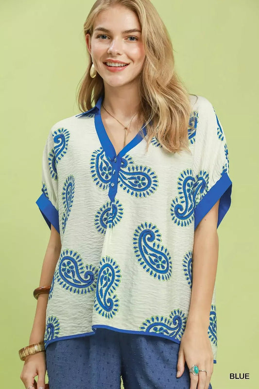 Umgee Paisley Print Contrast Trim Top - NORIVE