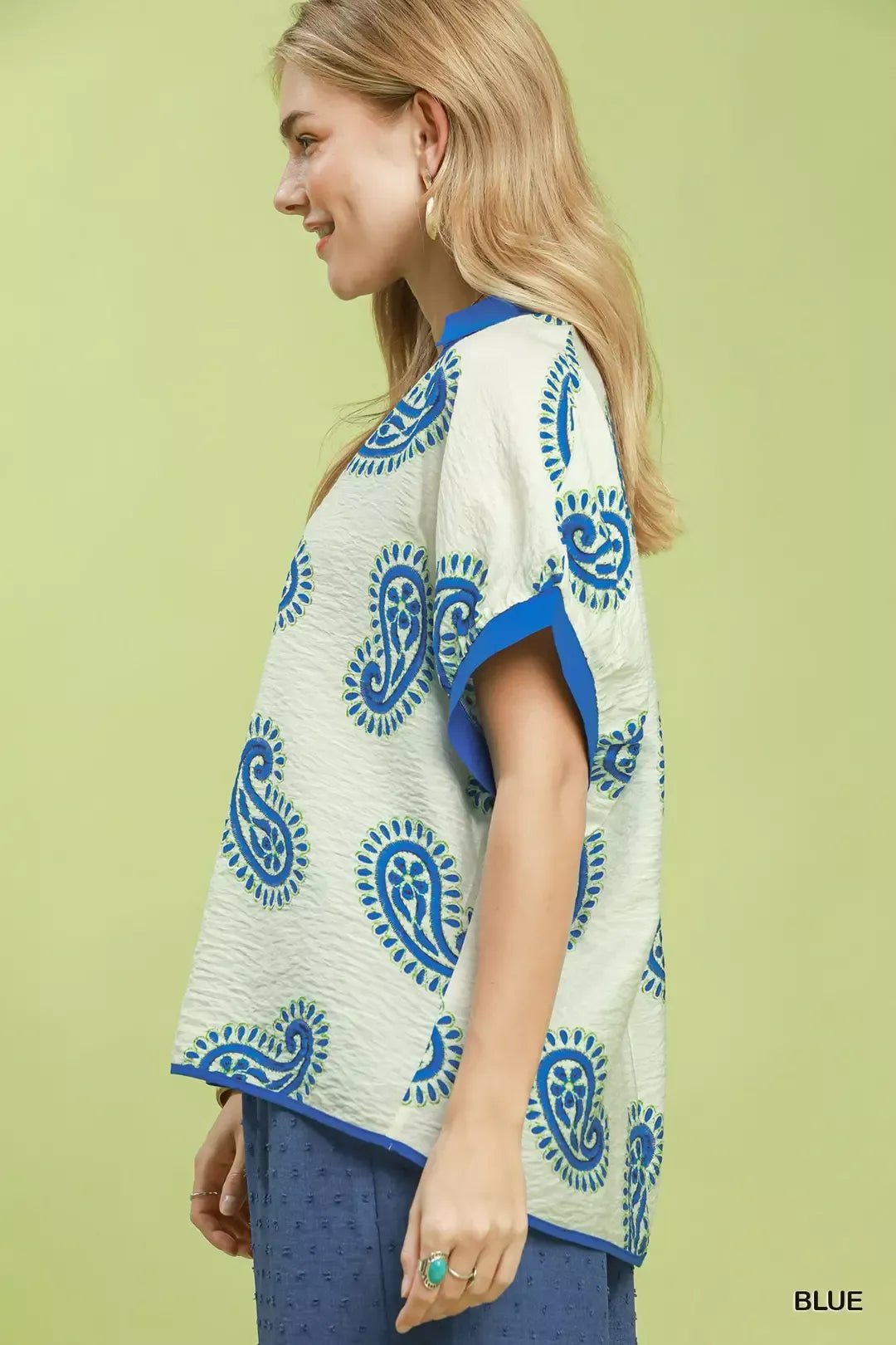 Umgee Paisley Print Contrast Trim Top - NORIVE