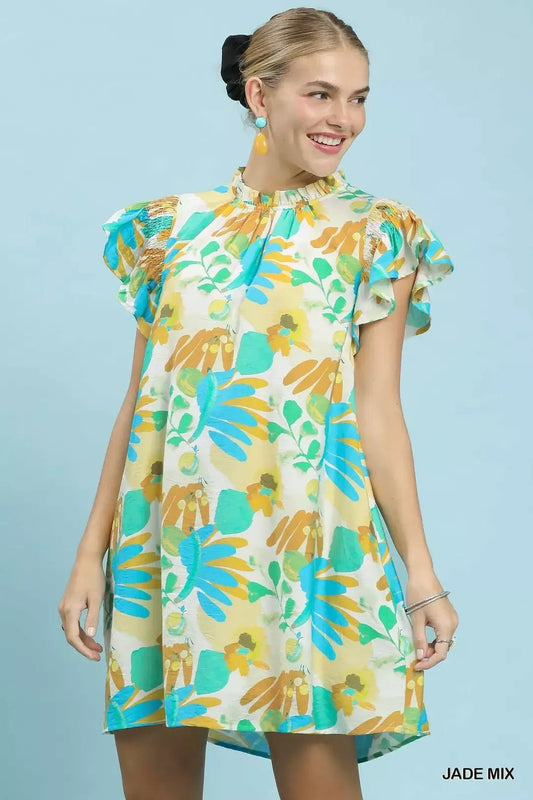 Umgee Ruffled Botanical Print Mini Dress - NORIVE