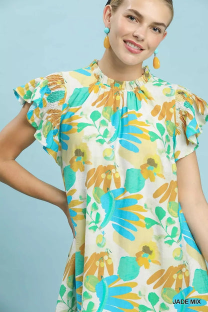 Umgee Ruffled Botanical Print Mini Dress - NORIVE