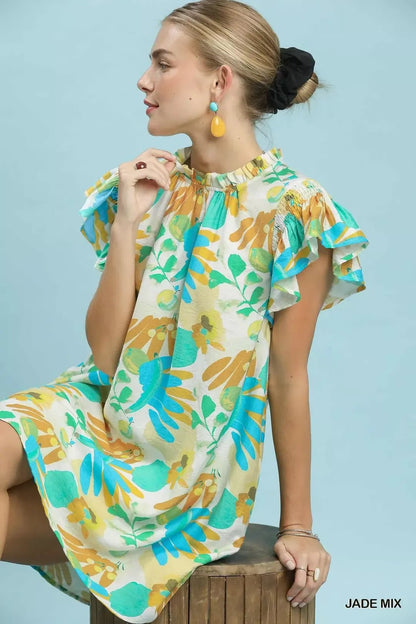 Umgee Ruffled Botanical Print Mini Dress - NORIVE