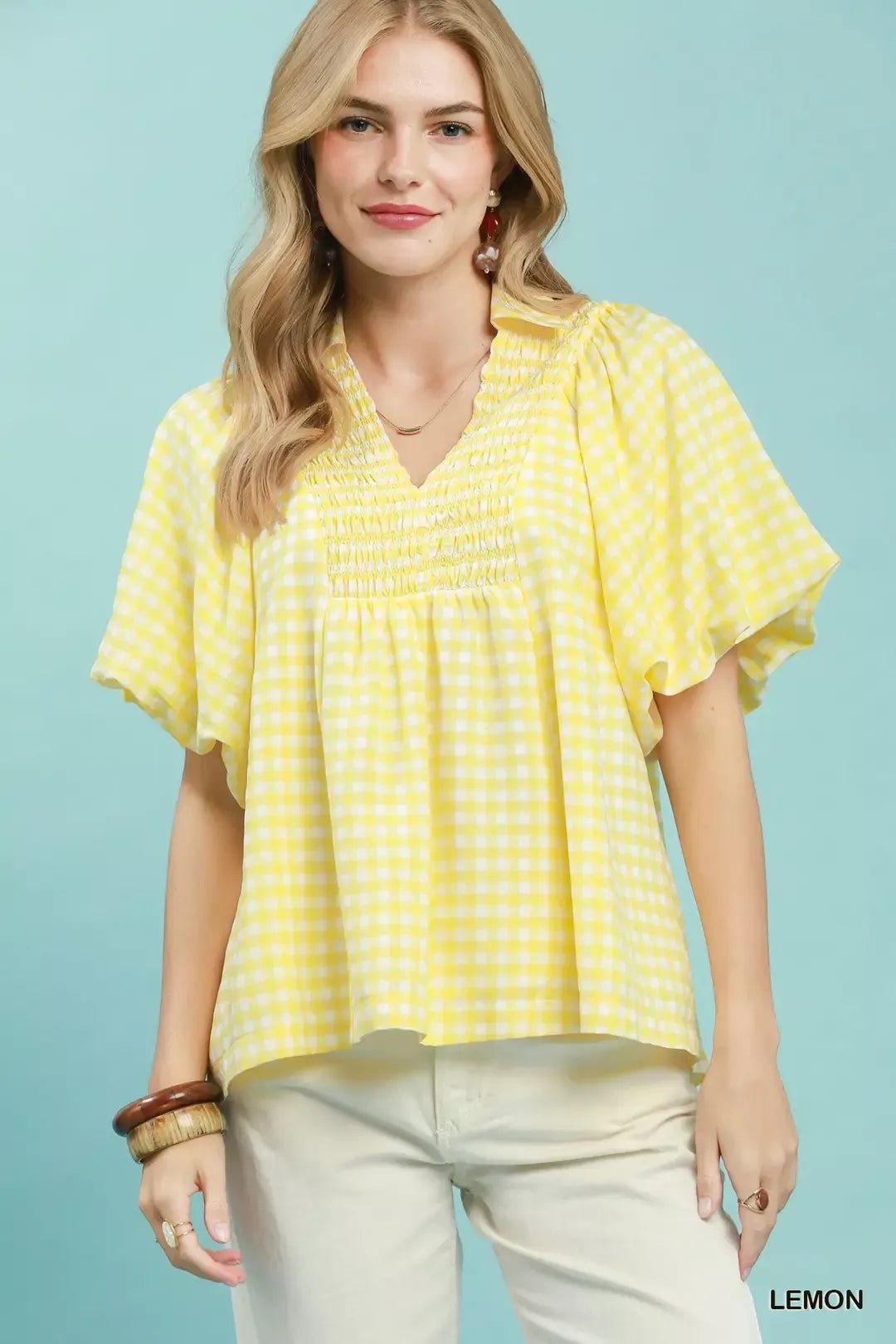 Umgee Smocked Yoke Puff Sleeve Gingham Blouse - NORIVE