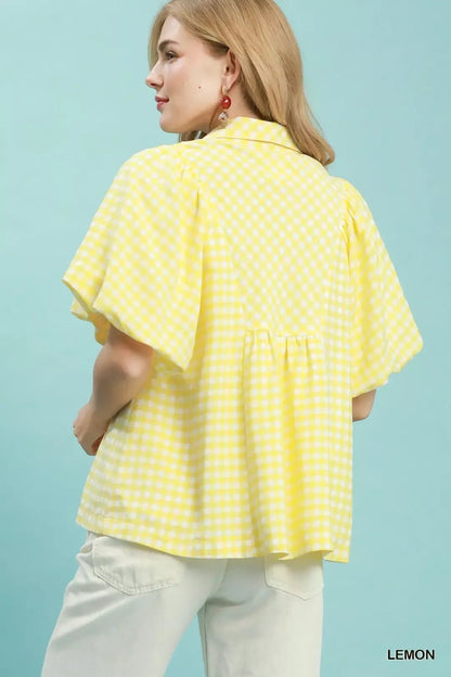 Umgee Smocked Yoke Puff Sleeve Gingham Blouse - NORIVE