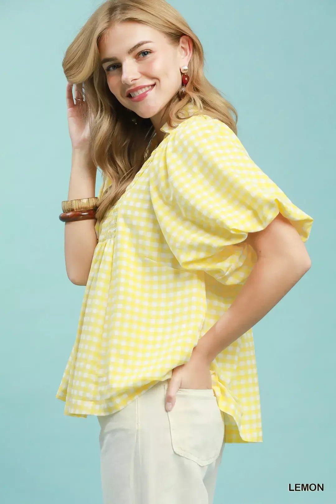 Umgee Smocked Yoke Puff Sleeve Gingham Blouse - NORIVE