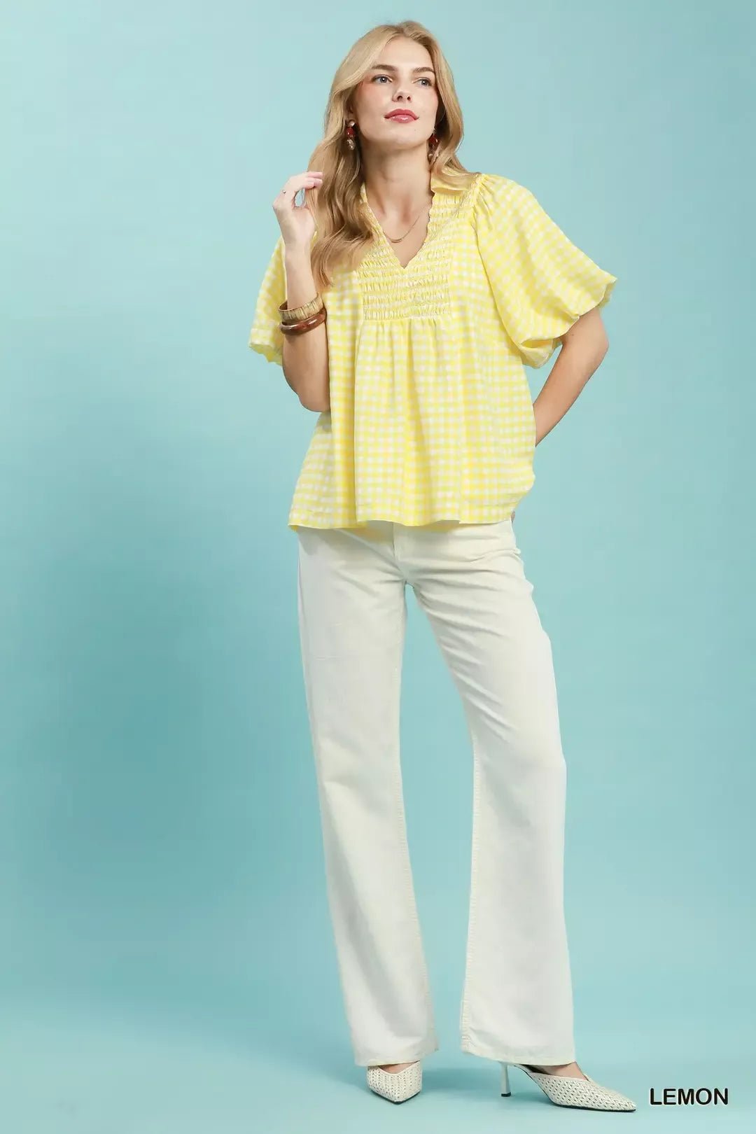 Umgee Smocked Yoke Puff Sleeve Gingham Blouse - NORIVE