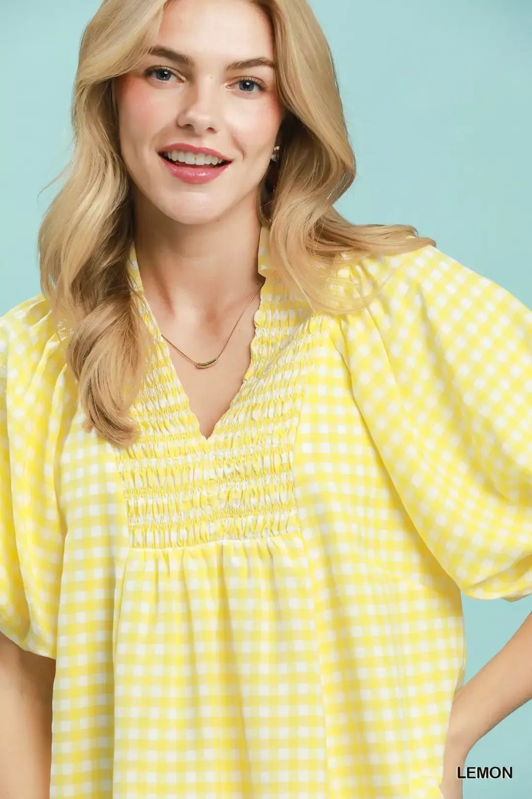 Umgee Smocked Yoke Puff Sleeve Gingham Blouse - NORIVE