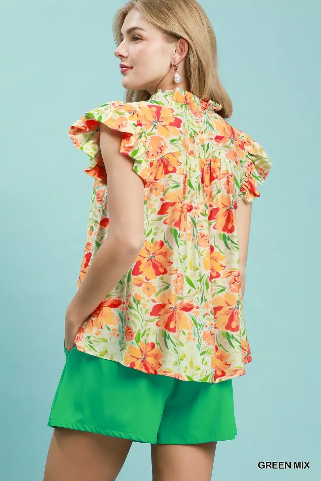 Umgee Smocked Yoke Ruffle Sleeve Floral Blouse - NORIVE