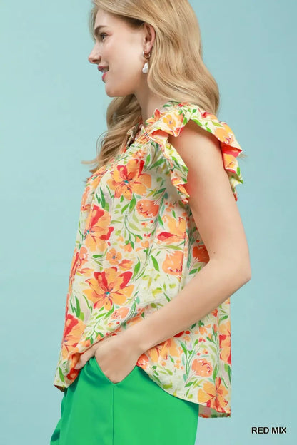 Umgee Smocked Yoke Ruffle Sleeve Floral Blouse - NORIVE