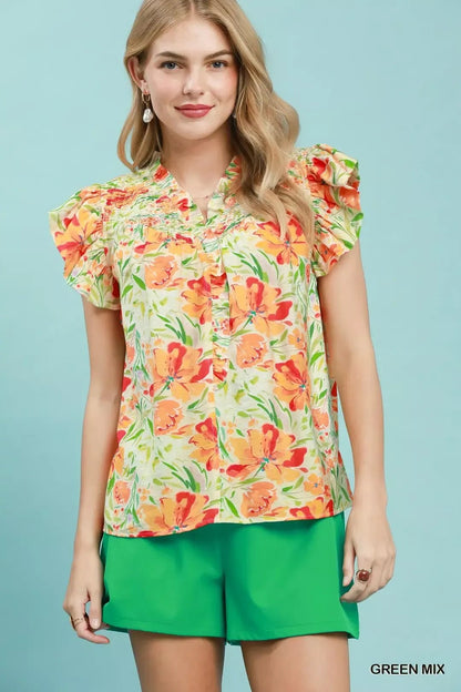 Umgee Smocked Yoke Ruffle Sleeve Floral Blouse - NORIVE