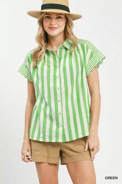 Umgee Striped Button Front Flutter Sleeve Top - NORIVE