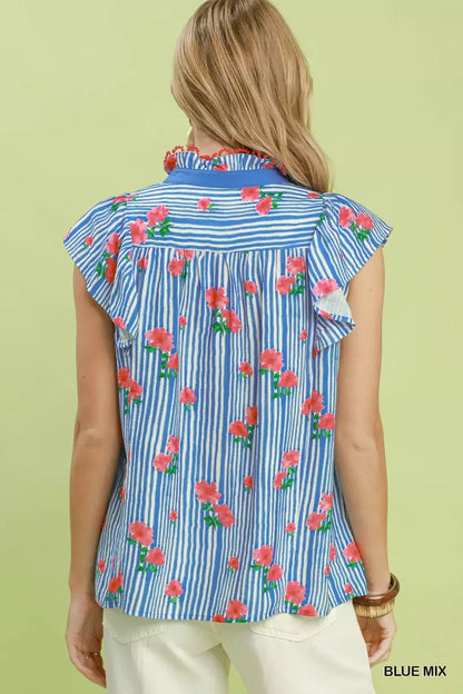 Umgee Striped Floral Ruffle Sleeve Top with Contrast Trim - NORIVE